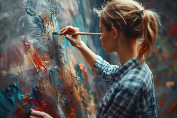 Female Artist Works on Abstract Oil Painting. Women standing in front of an easel - obrazy, fototapety, plakaty