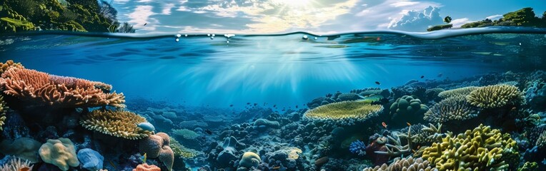 In this underwater scene, a vibrant coral reef is on display, teeming with colorful fish, swaying sea anemones, and dancing sea plants. Sunlight filters through the crystal-clear water, illuminating t - obrazy, fototapety, plakaty