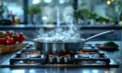 Modern kitchen interior with stainless steel saucepan on the gas stove