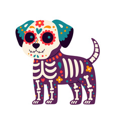 Day of the Dead, Dia de los muertos, dog skull and skeleton decorated with colorful Mexican elements and flowers. 