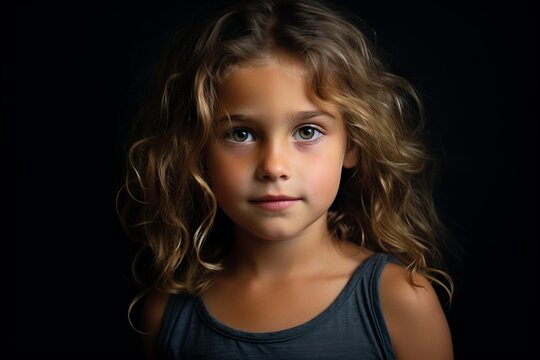 Portrait of a cute little girl with curly hair on a black background
