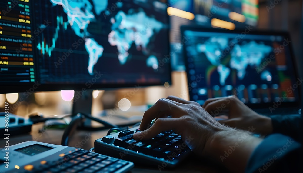Leinwandbilder focused financial analyst, hands-on exploration of global market dynamics via computer dashboard