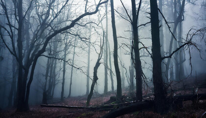 Dark forest with dead trees in fog. Mysterious horror scenery. Mystical atmosphere.