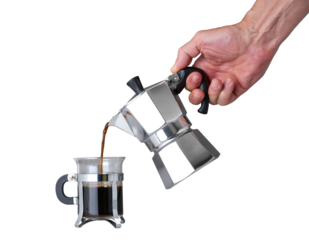 Man's hand holding and pouring italian coffee into a Glass cup