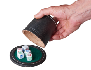 Male hand holding the pot and show a full suite in the liar poker