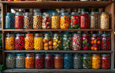 Jars of pickled vegetables and fruits in the old wooden pantry - obrazy, fototapety, plakaty