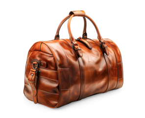 Brown leather duffle bag isolated on white background. Generative AI.