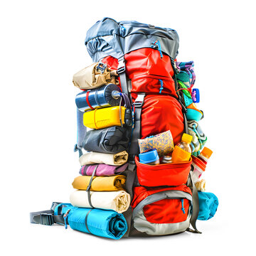 Large hikers backpack crammed with things isolated on white background. Generative AI.