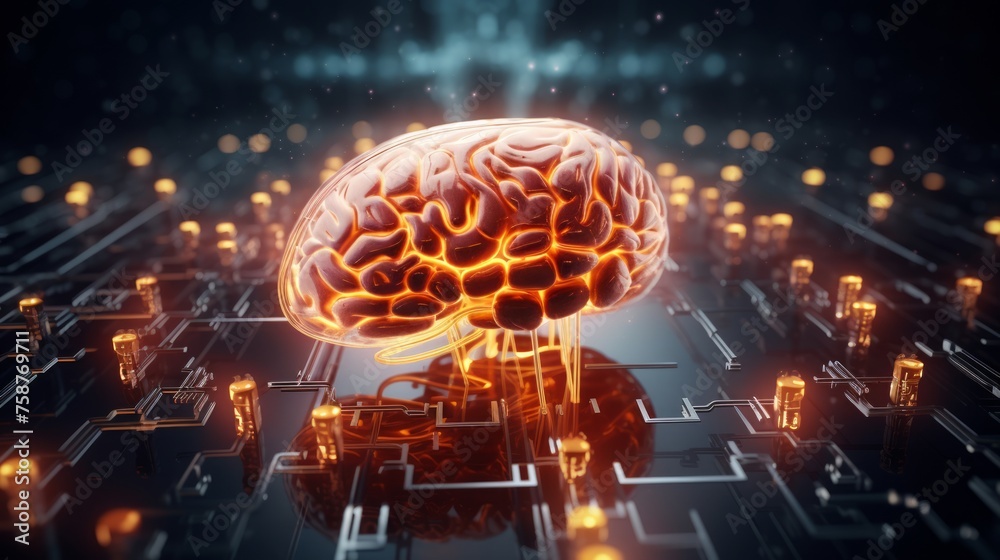 Poster generative ai digital representation of a sophisticated artificial intelligence brain, pulsating wit