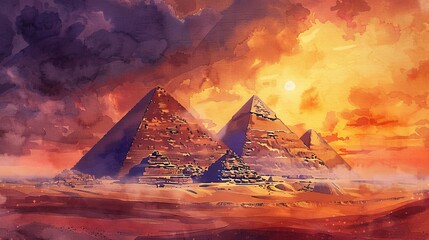 A watercolor painting depicting two pyramids standing tall in the vast desert landscape. The scene...