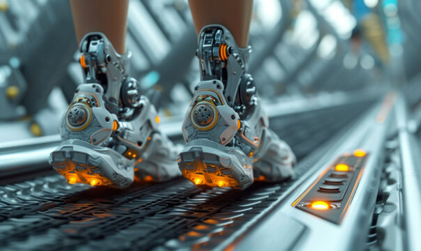 Futuristic shoes walking on the metal stairs. 3D rendering Imagens