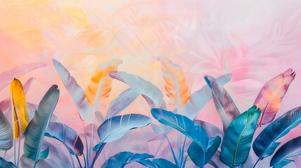 Watercolor Painting Art with Vibrant Tropical Banana Leaves on Soft Pastel Background