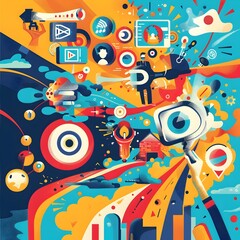 Innovative Advertising: Vibrant Digital Media Icons and Abstraction Symbolizing Creative Marketing Strategies