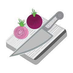Cutting board with knife with onion flat isolated vector illustration.