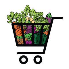 Creative supermarket shopping cart with fresh grocery products flat illustration.
