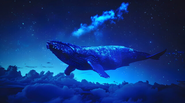 Dance Party on a Glowing Blue Whale Floating Amidst Stars and Clouds