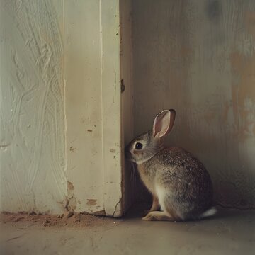 Timid Rabbit's Playful Curiosity: A Soft Focus Photograph in an Aged Room
