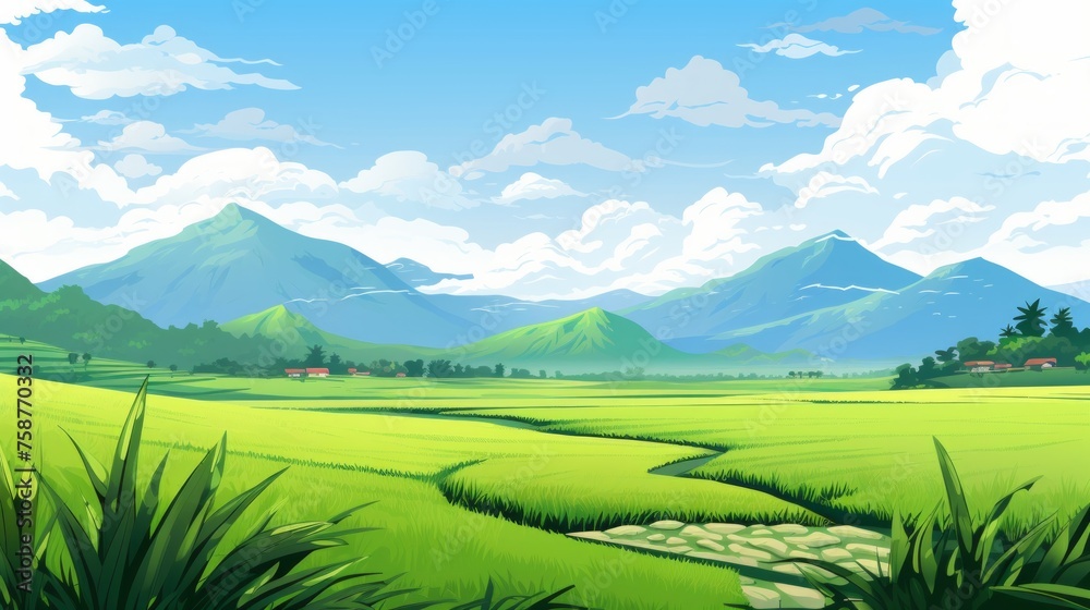 Poster generative ai a tranquil rice paddy field with mountains in the distance.