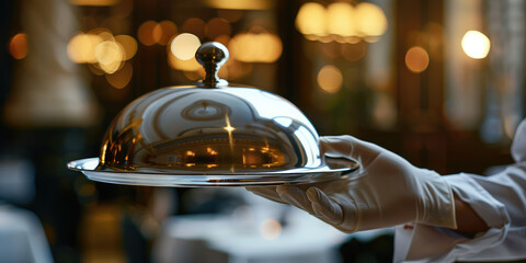 Elegant Waiter Serving with Silver Cloche. Close-up of a waiter in white gloves presenting a silver cloche tray, symbolizing first-class service.