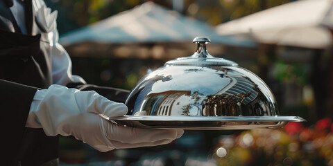 Elegant Waiter Serving with Silver Cloche. Close-up of a waiter in white gloves presenting a silver cloche tray, symbolizing first-class service.