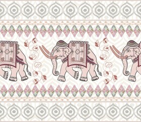 Thai elephant on sepia color soft tone with flower on beige background,concept for elephant element design, pants pattern pants design. Seamless Thai patterns for fabrics printed, Ikat elephant pants 
