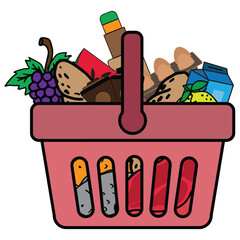 Shopping basket full with food and drinks vector illustration. Shopping Basket with food, milk, fruits and vegetables and meat.