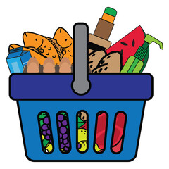 Shopping basket with grocery items flat colorful illustration.