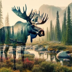 Majestic moose superimposed on a tranquil forest landscape in a misty haze. Double exposure - obrazy, fototapety, plakaty