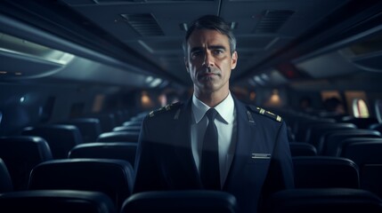 Generative AI Male flight attendant assisting passengers in the cabin, demonstrating safety procedures, airplane interior visible