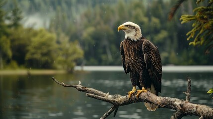 A majestic bald eagle is perched on a tree branch overlooking a serene lake. The eagles powerful stature is emphasized against the backdrop of the peaceful waters.