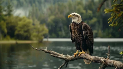  A majestic bald eagle is perched on a tree branch overlooking a serene lake. The eagles powerful stature is emphasized against the backdrop of the peaceful waters. © vadosloginov
