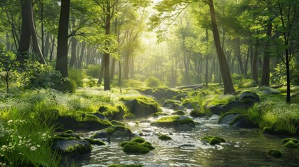 A stream meanders through a dense, green forest, surrounded by tall trees, vibrant foliage, and moss-covered rocks, creating a serene and natural scene in the wilderness.