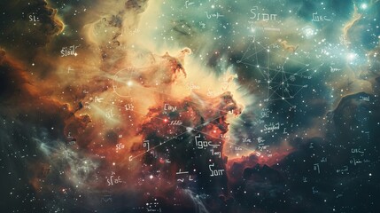 This image shows a vibrant, cosmic scene teeming with stars and numerical symbols scattered throughout. The space is alive with a colorful display of celestial bodies and digital elements. - obrazy, fototapety, plakaty