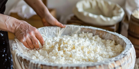 Traditional Cheese Making Process. Fresh curds separating from whey for artisanal farmers cheese production.