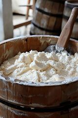 Traditional Cheese Making Process. Fresh curds separating from whey for artisanal farmers cheese production.