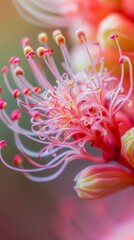 In this close-up shot, the intricate patterns of a Grevillea flower are highlighted against a soft, blurry background, creating a striking contrast in focus. The delicate details of the flower stand o