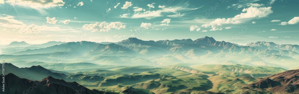 Aufkleber A mountain range with a cloudy sky in the background. The mountains are covered in trees and the sky is a mix of blue and white clouds. The scene is peaceful and serene