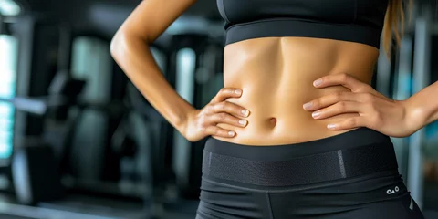Foto op Aluminium side view of woman waist closeup in black sports clothing with strong belly muscles, six pack, on dark gym background сreated with Generative Ai © Andrii Yablonskyi