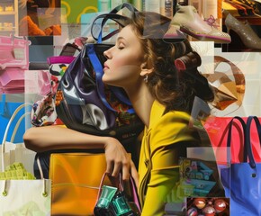 A collage featuring a woman holding a purse. The artwork combines different elements to showcase the woman and her accessory in various styles and perspectives.