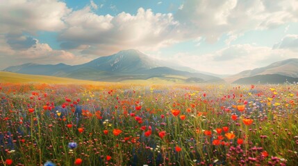 A field of colorful flowers stretches out in the foreground, with majestic mountains rising in the distance under a clear blue sky. - Powered by Adobe