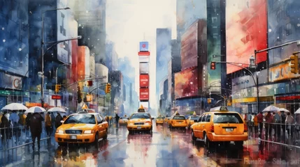 Fotobehang Aquarelschilderij wolkenkrabber  Generative AI A vibrant cityscape with towering skyscrapers and bustling streets. landscape watercolor