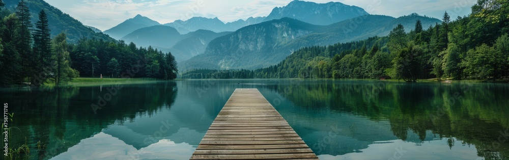 Poster a wooden bridge spans a lake with mountains in the background. the water is calm and the bridge is t