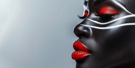 A woman with red lips and black eyes. The woman is wearing red lipstick and has her eyes closed. Beautiful glamour African woman with black skin body art