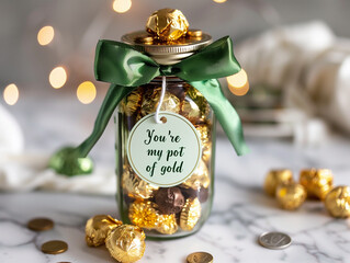 You're may pot of gold jar with wrap chocolate and gold coins - obrazy, fototapety, plakaty