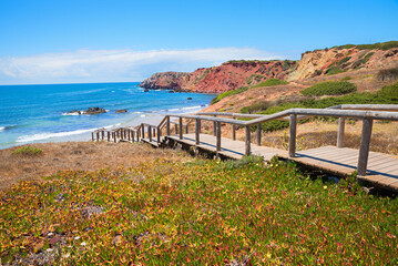 wooden boardwalk to bathing beach Praia do Amado, west Algarve, Portugal