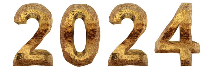 Concept or conceptual 2024 year made of  brown  ice font isolated on white background. An abstract 3D illustration as a  metaphor for future,celebration,nature,environment,ecology and climate