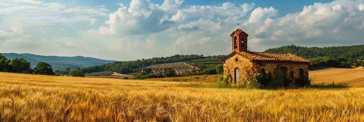 A rustic church in the countryside, with fields of golden wheat stretching out to the horizon - obrazy, fototapety, plakaty