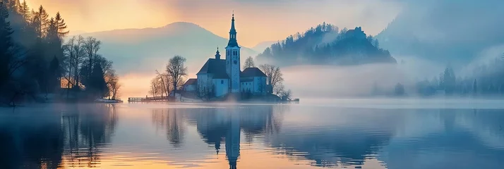 Tafelkleed A serene lakeside church reflected in the calm waters at dawn, with fog gently rolling in © Lemar
