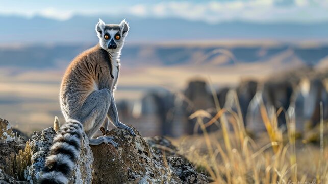 A ring-tailed lemur is perched on a rock, resting while looking around its surroundings. The lemurs distinctive striped tail curls around its body as it sits comfortably.