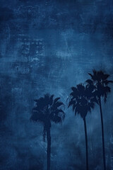Fondo o espacio azul marino con la silueta de palmeras, efímero, abstracto, vintage, estilo surfista, playero, viajes vertical, color jean oscuro, moda, estilo desenfrenado, libre, fuera de la rutina - obrazy, fototapety, plakaty